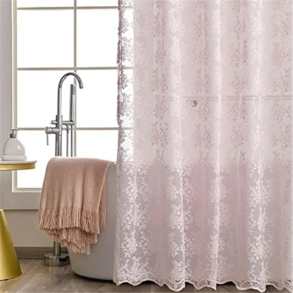 Pink Lace Shower Curtain - Vintage Shower Curtain with Attached Valance, Floral